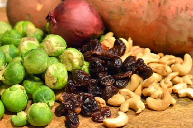 warm farro salad with roasted sweet potatoes & brussels sprouts | Brooklyn Homemaker