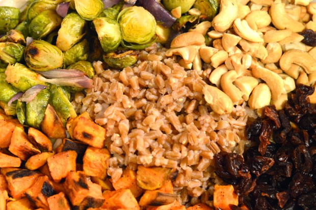 warm farro salad with roasted sweet potatoes & brussels sprouts | Brooklyn Homemaker