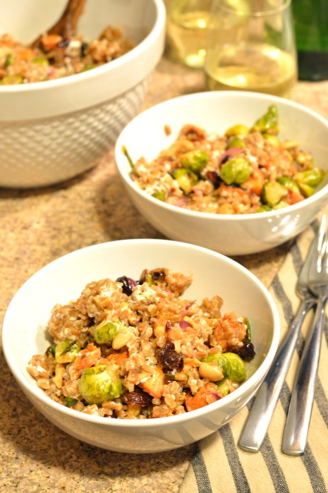 warm farro salad with roasted sweet potatoes & brussels sprouts | Brooklyn Homemaker