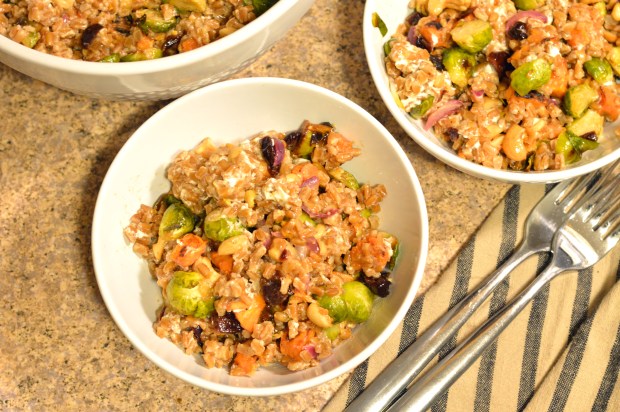 warm farro salad with roasted sweet potatoes & brussels sprouts | Brooklyn Homemaker