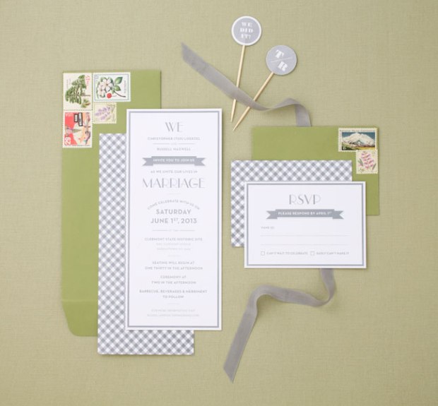 grey gingham & green wedding invitations with vintage stamps | Tuxedo & Russell's Hudson Valley June Wedding | Brooklyn Homemaker