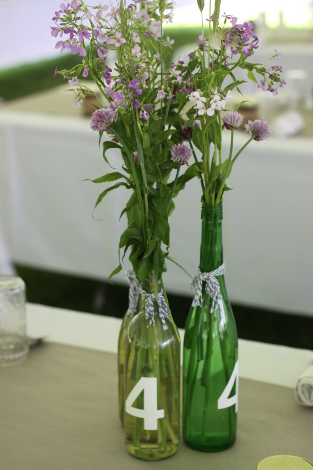 wine bottle wedding centerpieces | Tuxedo & Russell's Hudson Valley June Wedding | Brooklyn Homemaker 