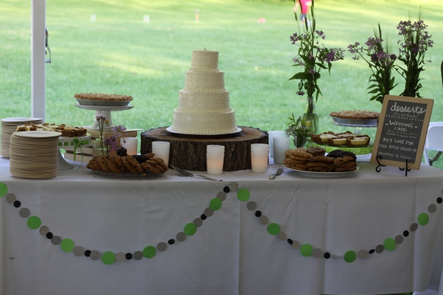 rustic dessert table & white swiss dot wedding cake | Tuxedo & Russell's Hudson Valley June Wedding | Brooklyn Homemaker