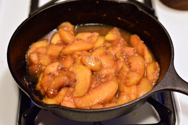 caramelized peach cornmeal skillet cake with bourbon whipped cream | Brooklyn Homemaker
