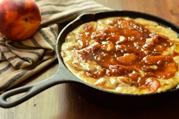 caramelized peach cornmeal skillet cake with bourbon whipped cream | Brooklyn Homemaker