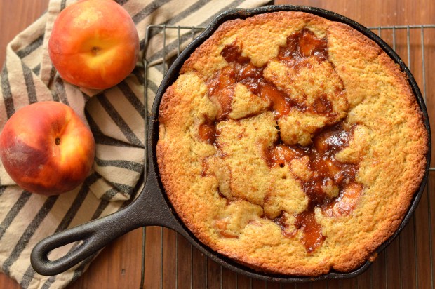 caramelized peach cornmeal skillet cake with bourbon whipped cream | Brooklyn Homemaker