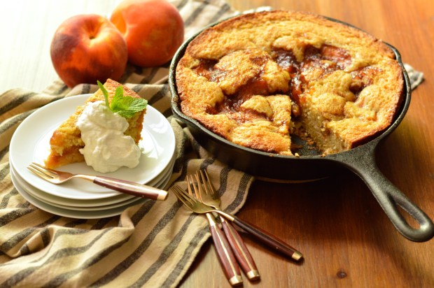 caramelized peach cornmeal skillet cake with bourbon whipped cream | Brooklyn Homemaker