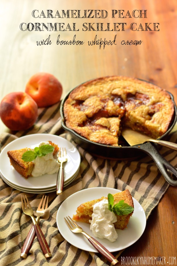 caramelized peach cornmeal skillet cake with bourbon whipped cream | Brooklyn Homemaker