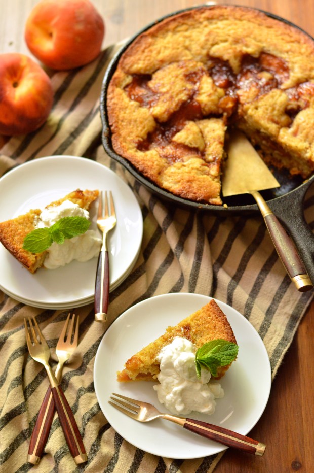 caramelized peach cornmeal skillet cake with bourbon whipped cream | Brooklyn Homemaker