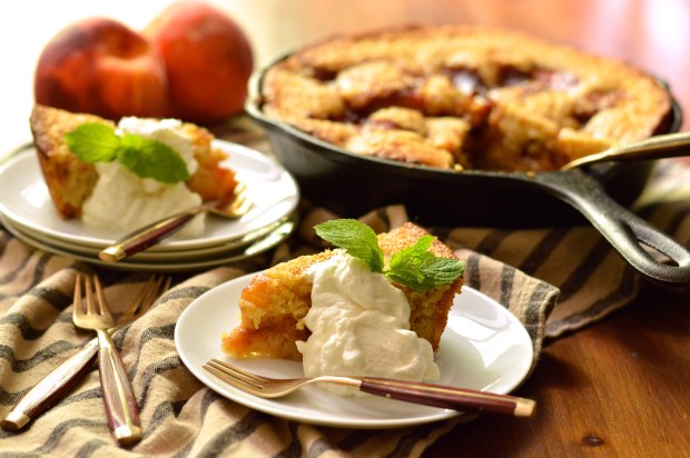 caramelized peach cornmeal skillet cake with bourbon whipped cream | Brooklyn Homemaker