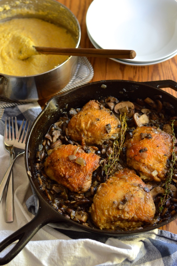 braised chicken thighs with mushrooms and creamy polenta | Brooklyn Homemaker