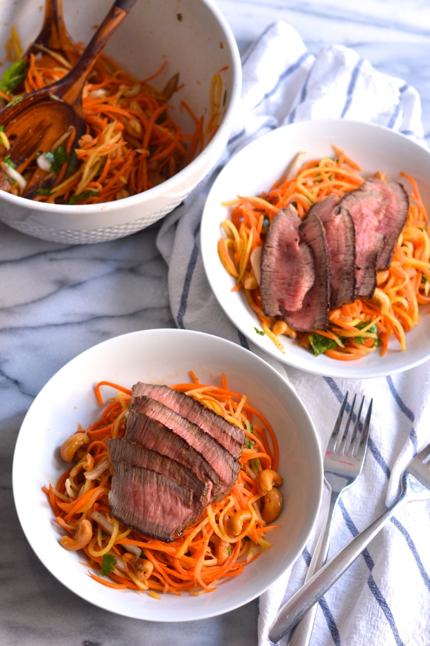 steak topped carrot and mango salad with chili lime dressing | Brooklyn Homemaker