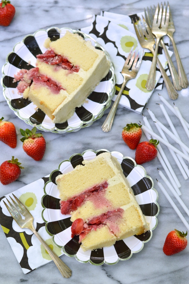 strawberry stuffed yellow layer cake with basil buttercream | Brooklyn Homemaker