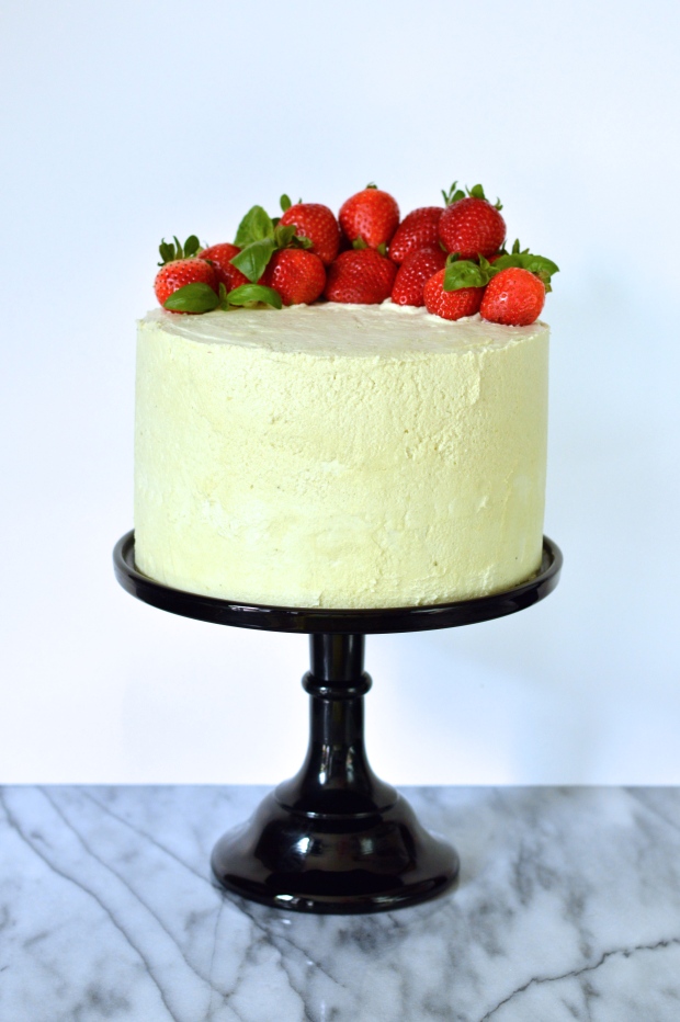  strawberry stuffed yellow layer cake with basil buttercream | Brooklyn Homemaker