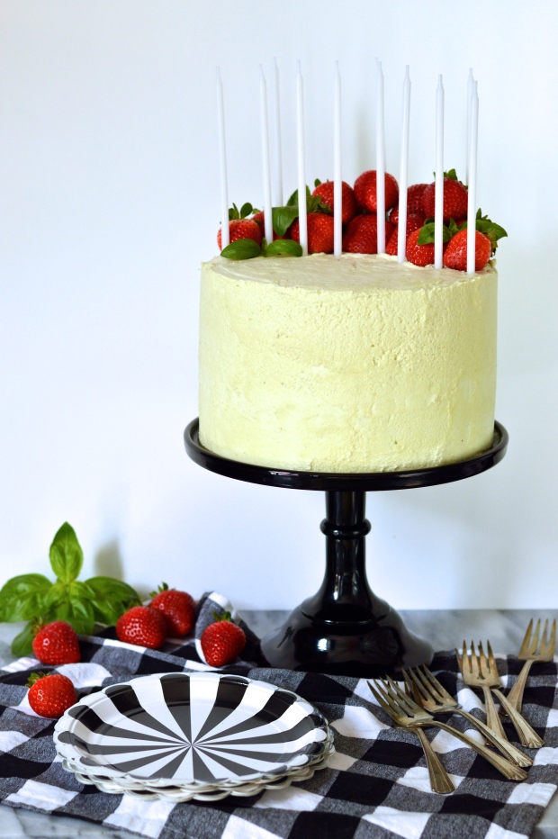 strawberry stuffed yellow layer cake with basil buttercream | Brooklyn Homemaker