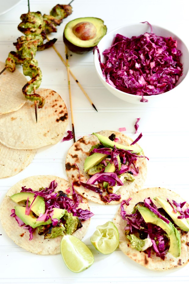 grilled chicken tacos with cilantro pesto and red cabbage slaw | Brooklyn Homemaker