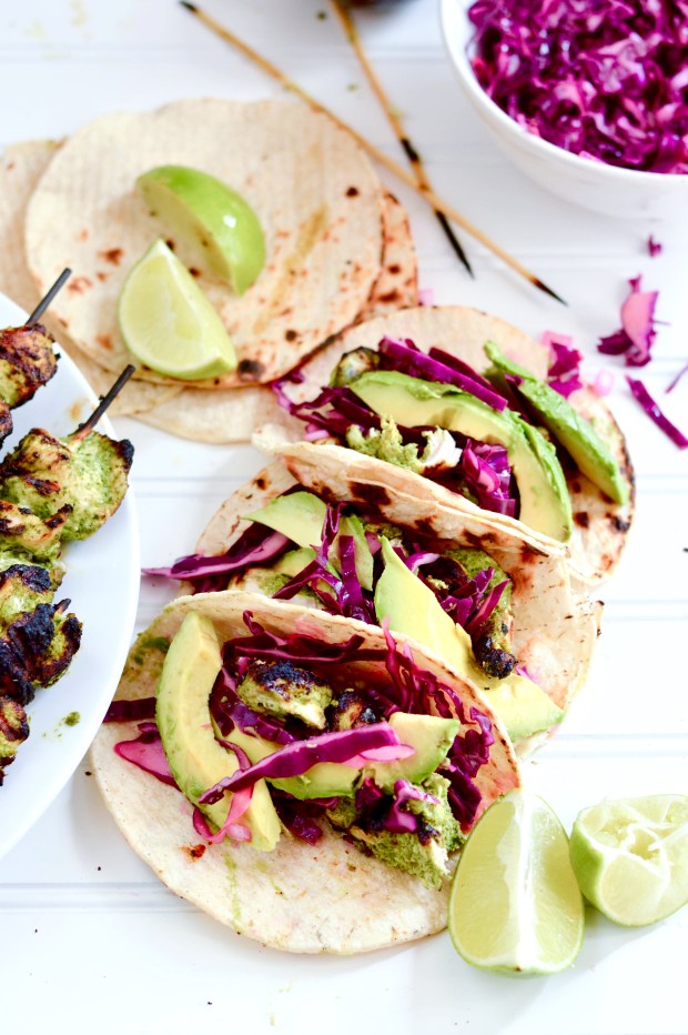 grilled chicken tacos with cilantro pesto and red cabbage slaw | Brooklyn Homemaker